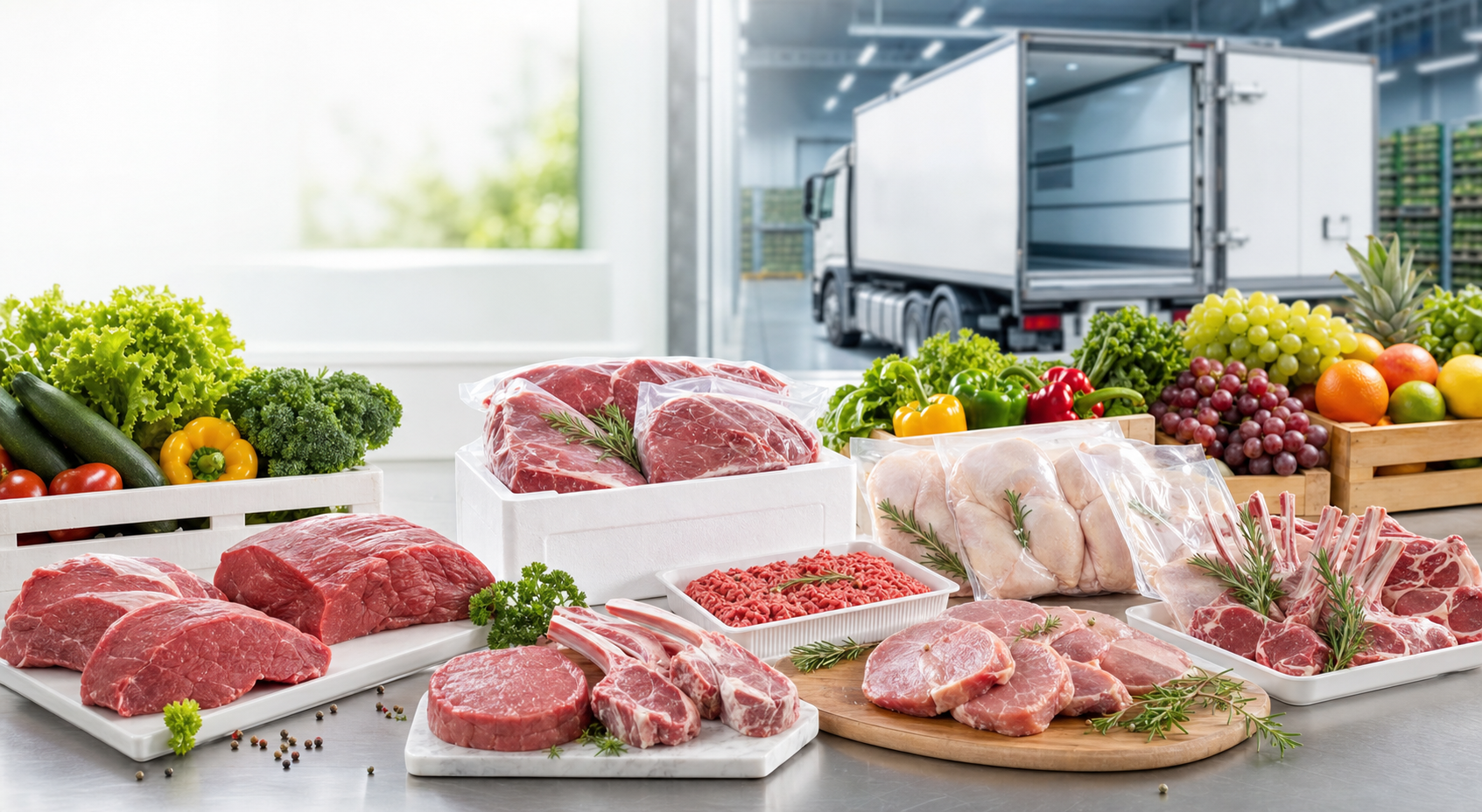 Viandes halal, fruits, légumes et logistique dans une chaîne du froid moderne